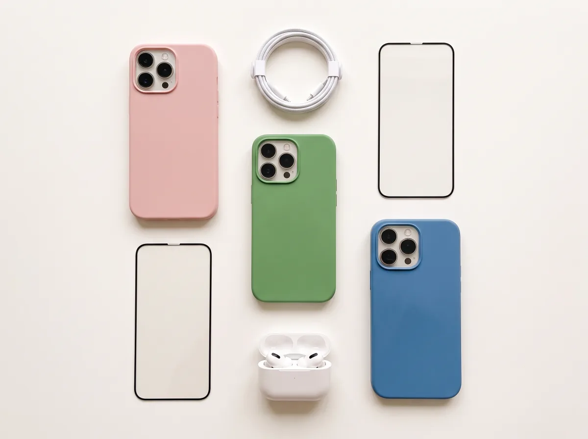 Capas de iPhone em rosa, verde e azul, duas películas de vidro, um cabo branco enrolado e fones sem fio brancos no estojo, dispostos lado a lado.